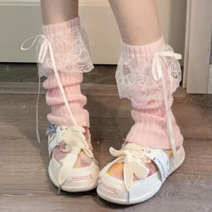 TEMU 레이스 리본과 레이스 트림이 있는 립드 레그 워머 한 쌍, 스트랩이 있는 Y2K 귀여운 대학 스타일