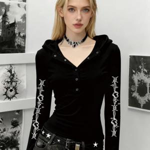 TEMU 봄 신상 고딕 스타일 벨벳 소재 클래식 디자인 탑, 부드러운 텍스처 후드티, 긴 소매 후드 티셔츠