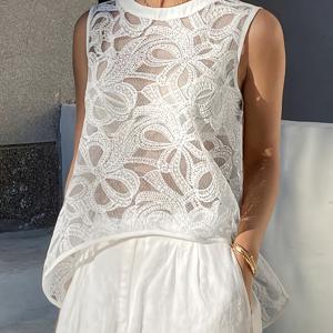 TEMU 우아한 여성용 자수 반투명 탱크탑, 민소매 휴가용 블라우스