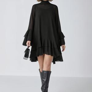 TEMU 로맨틱 여성용 우아한 블랙 시폰 스플라이스 롱슬리브 시스루 드레스 - 봄, 여름, 가을용. 달콤하고 우아한 디자인으로 생일, 휴일 파티, 웨딩 시즌, 달콤한 데이트, 가든 파티, 휴가 등 다양한 행사에 적합