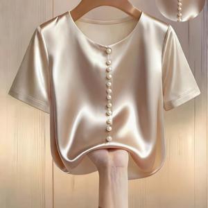 TEMU 우아한 새틴 반팔 티셔츠, 진주 장식, 출퇴근 및 외출에 완벽