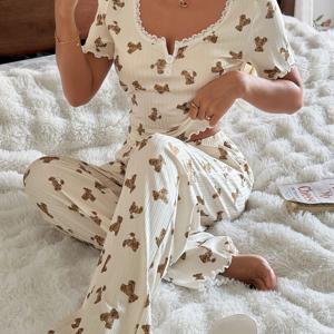 TEMU 귀여운 곰돌이 프린트 파자마 세트 | Zramiwo 빈티지 레이스 스쿱넥 긴팔 잠옷, 성인용, 편안한 봄/여름 홈웨어