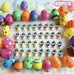 TEMU 그녀/그를 위한 선물 - 24개의 부활절 프린팅 달걀 세트 (다양한 색상의 예수 피규어 포함). 선물 및 파티 장식에 완벽한 아이템