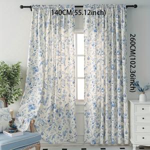 TEMU 1개 블루 플로랄 프린트 새 시어 커튼 - 로드 포켓, 가벼운 폴리에스터, 거실이나 침실을 위한 우아한 디자인, 세탁기 사용 가능, 반투명, 사계절용, 빛 차단 드레이프 | 꽃과 새 패턴 | 폴리에스터 원단