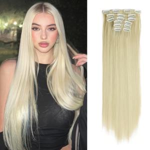 TEMU 6개 세트 24인치 다크 블론드 클립인 헤어 익스텐션 - 자연스러운 룩, 부드러운 합성 섬유, 여성용 고광택 마감