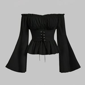 TEMU 여성용 단색 러플 디테일 오프숄더 플레어 소매 앞면 묶는 셔츠, 여성용 단색 홀터넥 슬림핏 긴소매 셔츠, Y2K 핫 패션, 활용도 높은, 심플, 클래식, 데일리, 캐주얼