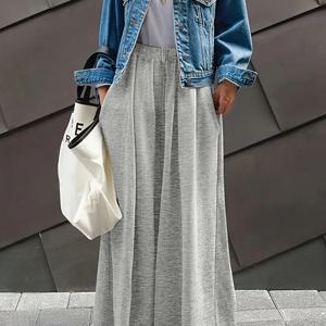 TEMU 여성용 슬란트 포켓 와이드 레그 팬츠, 캐주얼 단색 탄성 허리 루즈 트라우저, 여성 의류