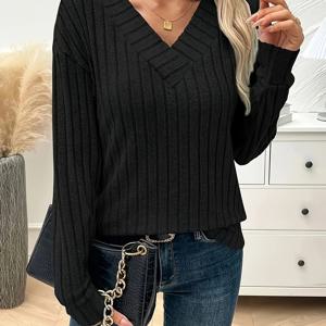 TEMU 여성용 V넥 긴팔 리브드 탑 - 솔리드 블랙 캐주얼 시크 셔츠, 미디엄 스트레치 기계 세탁 가능 봄/가을 트랜지셔널 블라우스, 엘레강스 컬렉션 레귤러 핏, 봄과 가을을 위한 우아한 디자인, 고급스러운 질감