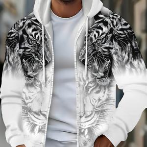 TEMU 남성용 긴팔 지퍼 호랑이 패턴 후드 스웨트셔츠, 가을 겨울 캐주얼 아웃도어 자켓 (드로스트링 및 포켓 포함)
