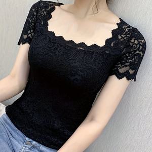 TEMU 여성 레이스 탑, 여름에 다재다능하고 스타일리시한 제품. 짧은 소매와 사각넥라인의 독특한 디자인으로, 베이스 레이어로 완벽합니다.