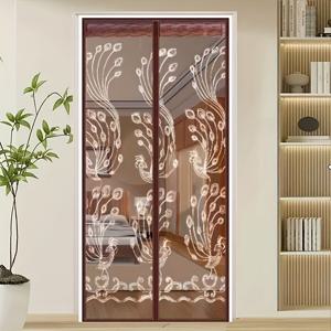 TEMU 여름철 가정용 자석 메시 도어 커튼 모기장, 봉황 꼬리 디자인 자수, 통기성 좋은 모기 방지 커튼, 커피 색상의 축복, 침실, 거실, 주방 및 식사 공간에 적합하여 곤충을 차단