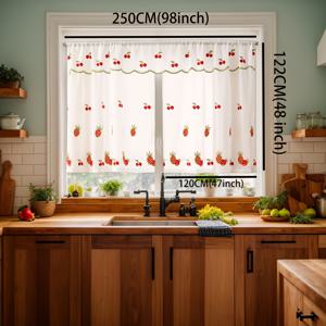 TEMU 1개 레드 파인애플 자수 주방 반커튼 - 더블 오픈 로드 디자인, 100% 폴리에스터 세탁 가능, 러스틱 팜하우스 장식용, 입구/책장/커피 소형 공간용, 파인애플 주방 데코, 유쾌한 자수, 내구성 있는 패널, 아파트 리빙 커튼