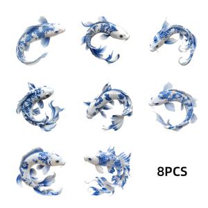 TEMU 8개입 화이트 도자기 잉어 패턴 장식 스티커 - 플라스틱, 광택, 일회용, 문구류 장식, 노트북, 물병, 캐리어, 테이블, 유리 및 기타 매끄러운 표면용