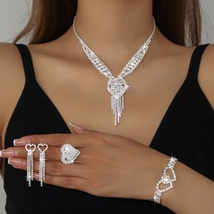 TEMU 럭셔리하고 정교한 하이엔드 스파클링 워터 더블 하트 목걸이, 팔찌, 귀걸이, 반지 4종 세트 (브라이덜 웨딩 주얼리)