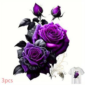 TEMU 3개 세트 보라색 장미 열전사 데칼 티셔츠 프린팅 패치 다용도 아이언온 전사 패브릭 데칼 고화질 패턴 커팅 가능 무봉제 소재 백팩, 베개, 바지, 소파 커버에 적합 초보자도 쉽게 사용 가능 고강도 찢김 방지 고품질 퇴색 방지 이미지 전용