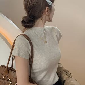 TEMU 2025 여름 신상 여성용 세미 하이넥 베이스 레이어 탑, 우아한 반팔 셔츠와 페티테 플러터 소매, 핏 탑