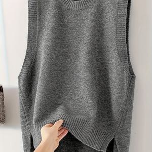 TEMU 플러스 사이즈 - 플러스 사이즈 - 캐주얼하고 다재다능한 여성용 민소매 풀오버, 단색, 라운드넥, 스타일리시한 슬릿 밑단이 특징이며, 플러스 사이즈에 적합합니다.