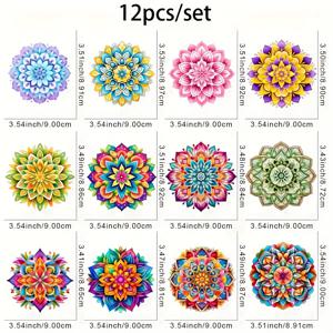 TEMU 생생한 만다라 전사 패턴 12개 세트, 세탁에 내구성이 뛰어나며 즉시 사용 가능한 전사 스티커, 티셔츠, 마스크, 청바지 및 백팩에 적합 - 플라스틱 재질로 제작
