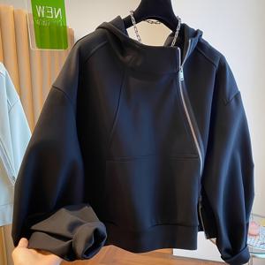 TEMU 봄, 가을용으로 디자인된 사선 지퍼가 있는 루즈핏 캐주얼 가디건 후드티