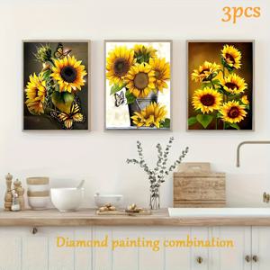 TEMU 3개 세트 페인팅, 해바라기와 나비 패턴 5D/DIY 풀 드릴 무테 프레임 아트워크 - 거실, 침실, 서재 등 실내 장식용 / 친구 & 가족을 위한 정교한 공예 선물 / 휴일 장식 / 페인팅 키트 / 꽃무늬 메인 이미지
