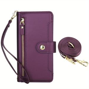 TEMU 휴대폰 케이스 - AWQUER 크로스바디 플립 폰 케이스, 삼성 갤럭시 S25 Edge, S24, S23, S22, S21 FE Ultra Plus 호환, PU 인조 가죽, 지퍼형 지갑, 카드 슬롯, RFID 차단, 손목 스트랩 특징.