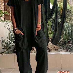 TEMU 여성용 점프수트, V넥 디자인, 반소매, 다리부분 큰 주머니, 캐주얼 복장에 적합한 캐주얼하고 편안한 의류