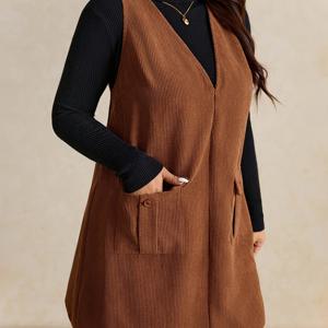 TEMU 플러스 사이즈, 여성용 솔리드 컬러 실용적인 포켓 V넥 캐주얼 민소매 드레스, 데일리, 데이트웨어, 가을 겨울용