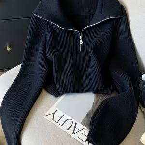 TEMU 여성용 긴팔 하이넥 하프집업 숏 풀오버 탑