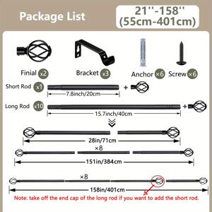 TEMU 1세트 고강도 조절식 커튼봉, 21-158인치 창문용, 꼬임 장식 케이지 마감, 블랙 커튼봉 세트 (브래킷 포함), 창문 및 샤워 커튼, 홈 데코, 침실 커튼, 5/8 직경 커튼봉에 적합