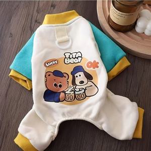 TEMU 프린팅 곰 가을/겨울 스타일 비숑프리제용 가슴줄 달 수 있는 네발 스웨트셔츠, 반려동물용 슈나우저, 웨스트 테리어, 테디, 고양이 겨울 실내 파자마, 아웃도어 의류