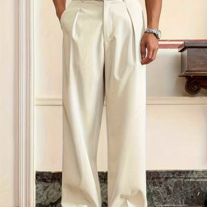 TEMU 남성용 웨이브 패션 캐주얼 솔리드 컬러 플리츠 디자인 라이트 애프리콧 루즈 롱 슈트 팬츠, 여름, 학교, 가을 모임 및 야외 활동에 적합