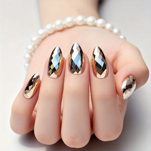 TEMU 24개 라운드 헤드 아몬드 입체 다면 전기 도금 메탈 밝은 표면 네일 핑크 시리즈 착용 가능 네일, 여성 파티 데일리 웨어에 적합, 사용하기 쉬움 (내구성 및 재사용 가능), 분리형 네일 프레스온 인조 네일