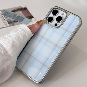 TEMU 휴대폰 케이스 - 라이트 블루 체크 무늬, 은색 테두리, 아이폰 17 Pro Max 케이스, 17 Air/11 16 Pro Max/16/15 Pro Max/15 Plus/15/14 Pro Max/14 Pro/14/13/12/11/X/Xr/Xsmax 신형 모델 호환, 충격 방지, 재질 소재