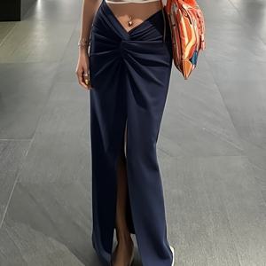 TEMU 1327 하이웨이스트 슬릿 스커트 여성용, 네이비 블루 플로우리 롱 스커트, 오피스 시크 스타일 우아한 스커트