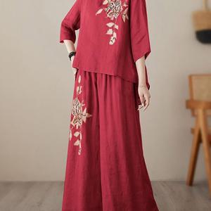 TEMU 여성 얇은 캐주얼 라운드 면마 엄마세트 자수 루즈핏 빈티지 중년 반팔 티셔츠 바지 투피스 실내복 슬림소녀 SLIM GIRL