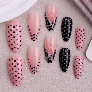 TEMU 24개, 고급 퍼플 도트 프렌치 스타일 네일 액세서리, 핑크 3D 리본 인조 네일, 아몬드형 프레스핏 아머, 봄과 여름 여성 선물 세트, 라마단, 카니발, 성 패트릭의 날, 부활절, 웨딩 시즌에 적합. 젤리 젤 포함