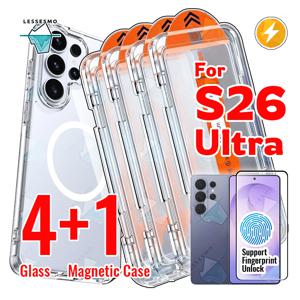 TEMU 간편 설치 S26 울트라 스크린 보호 필름 4개 + 자동 정렬 키트 강화유리 + 자석 케이스 1개 [무선 충전 지원] HD 보호 충격 방지 소프트 TPU 범퍼 + 하드 PC 백 폰 케이스 갤럭시 S26플러스 [사운드웨이브 기술 잠금 해제 지원]