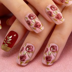 TEMU 24개입, 숏 스퀘어 네일, 핑크와 레드 컬러 블로킹, 로즈, 데이 스타일, 미디엄 사이즈 네일, 프레스온 네일 스티커, 고딕 네일, Y2K 네일, 젤 네일 글루, 네일 세트, 여성용 네일, 큐트 네일, 매력적인 네일