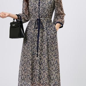 TEMU 우아한 블루-그레이 폴카 도트 프린트 여성 드레스, 라운드넥 버섯 모양 디자인, 편안한 7/4 소매 롱 드레스, 조절 가능한 드로스트링 허리, 데일리 출퇴근 캐주얼 데이트 드레스, 봄, 여름, 가을 레깅스 드레스