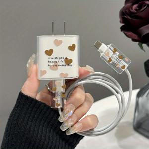 TEMU 귀여운 하트 모양 3-in-1 충전 보호 케이스, 애플 18W/20W 충전기용 아이폰 15/14/13/12/11 프로맥스 케이블 보호기