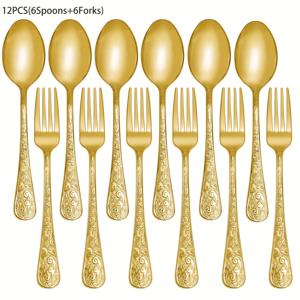 TEMU 12개 빈티지 조각 스테인리스 스틸 스푼 & 포크 세트 - 고급스러운 장식용 디저트, , 샐러드 서빙 도구 - 우아한 거울 광택 테이블웨어, 가정, 주방, 레스토랑용 - 식기세척기 사용 가능, 크리스마스에 가장 적합, 추수감사절에 완벽