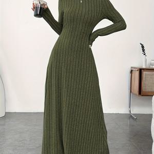 TEMU 여성용 리브드 A라인 드레스 - 긴 소매 터틀넥 솔리드 컬러, 봄/여름 우아한 캐주얼에서 정장까지, 클래식 칼라, 내구성 있는 소재, 패션 여성