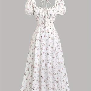 TEMU 로맨틱한 플로럴 프린트 드레스, 여성용 달콤한 데이트 및 외출 드레스, 앞면, 중앙 및 뒤면 묶는 끈, 스퀘어 넥라인, 뒤면 묶는 끈, 허리를 조여주는 슬림핏, 활용도 높은, 달콤한, 패셔너블한, 캐주얼, 휴가용 의류