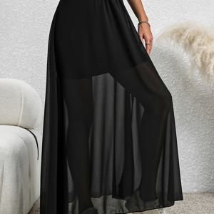 TEMU 여성용 시폰 랩 스커트, 탄력 있는 하이웨이스트 비치 롱 드레스