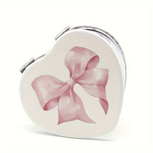 TEMU 1 화이트 하트형 핑크 리본 거울, 컴팩트하고 휴대용, 핸드헬드 거울