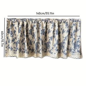 TEMU 헤어볼 장식이 있는 로드 포켓 처리 소형 커튼 빈티지 블루 플로럴 프린트 짧은 도어 커튼 주방 수납장용 반커튼