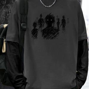 TEMU J107 라인 피규어 프린팅 남성용 컬러 매칭 페이크 투 캐주얼 루즈핏 긴팔 티셔츠