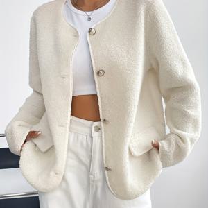 TEMU 플러스 사이즈 - 플러스 사이즈 - 구년이의 방향성 우아한 단색 여성용 재킷, 라운드넥 및 버튼 디테일, 가을 및 겨울에 적합