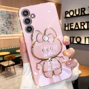 TEMU 휴대폰 케이스 - 삼성 갤럭시 S25/S25Plus/S25Ultra/S24/S24Plus/S24Ultra/S24Fe/Sm-S938B/Sm-S921B/Sm-S926B 토끼 보우 타이 휴대폰 케이스 귀여운 만화 메이크업 거울 스탠드 충격 방지 전기 도금 소프트 쉘 2024년 신형 휴대폰 커버