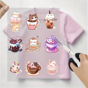 TEMU 귀여운 카툰 스타일 키티 커피 패턴 9pcs 세트, DIY 티셔츠용 열전달 패션 패턴 어플리케 스티커 - 옷, 마스크, 청바지, 백팩 등에 사용 가능